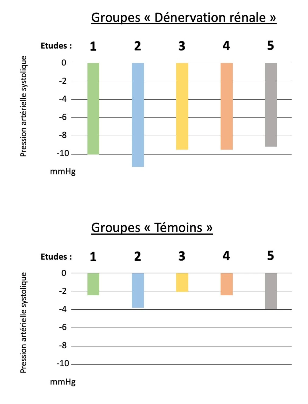 Ces graphiques montrent les résultats des 5 études de 2ème génération évaluant l'efficacité de la dénervation rénale sur la pression artérielle et la comparant à un groupe de témoins. On constate pour toutes les études une diminution nettement plus marquée de la pression chez les patients traités par dénervation.